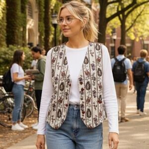 Vintage Tapestry Woven Vest Size 16 XL Floral Pattern Cottagecore Artsy Granny